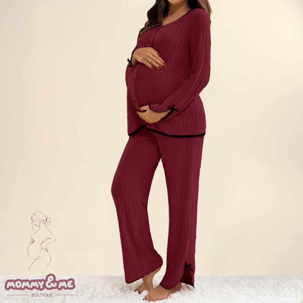 Pizhama 2-pjesëshe bordo me detaje fjongo 