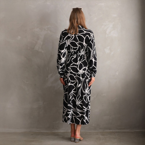 Fustan Bardhë e Zi me Krahë të Gjatë për Shtatzëni