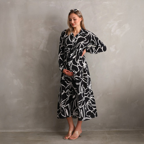 Fustan Bardhë e Zi me Krahë të Gjatë për Shtatzëni